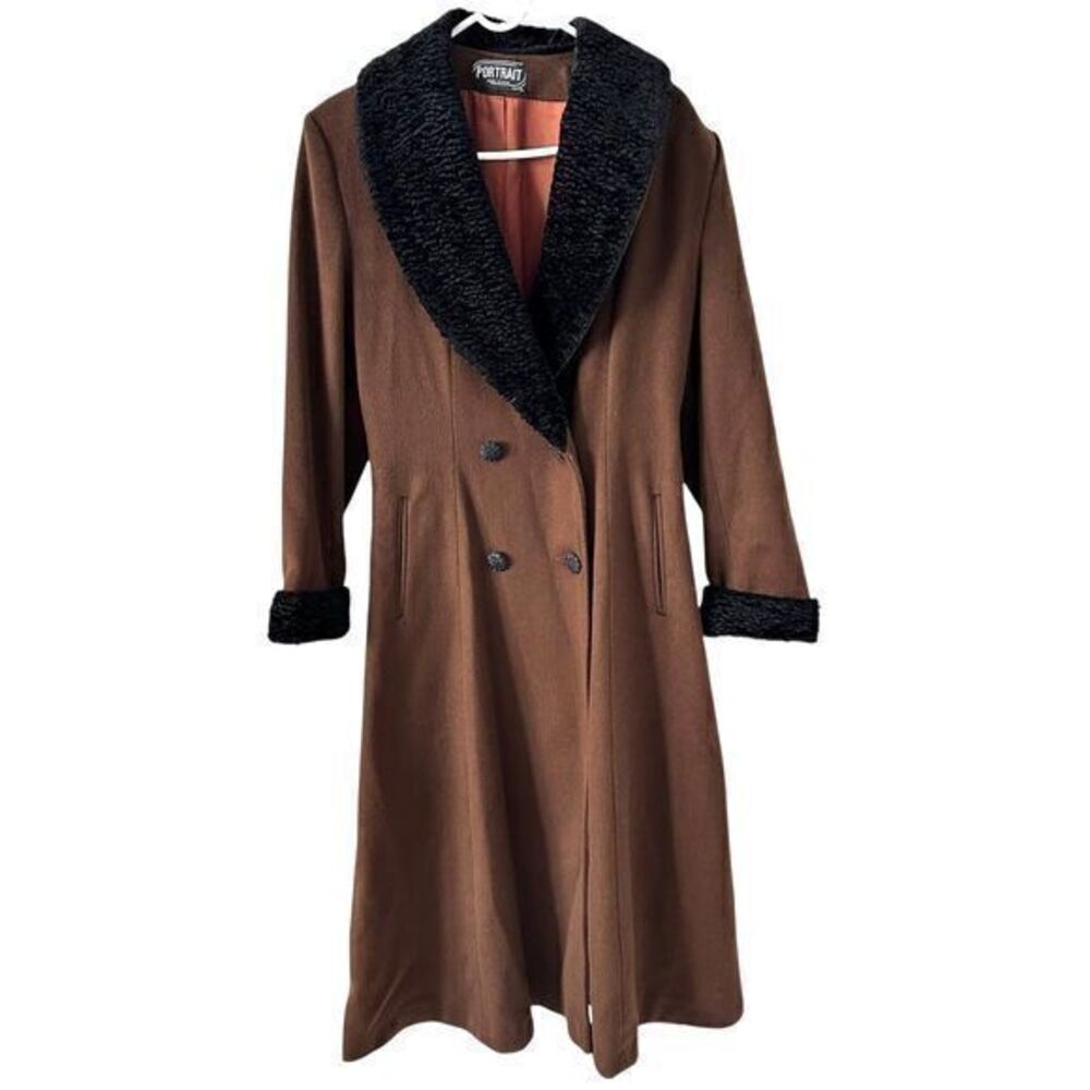 Portrait Vintage Made in USA Long Brown Wool Black Trim Trench Coat Size S